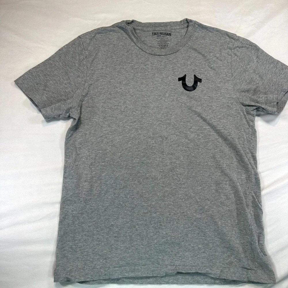 True Religion T Shirt Mens Medium Heathered Gray Graphic Print Logo Short Sleeve